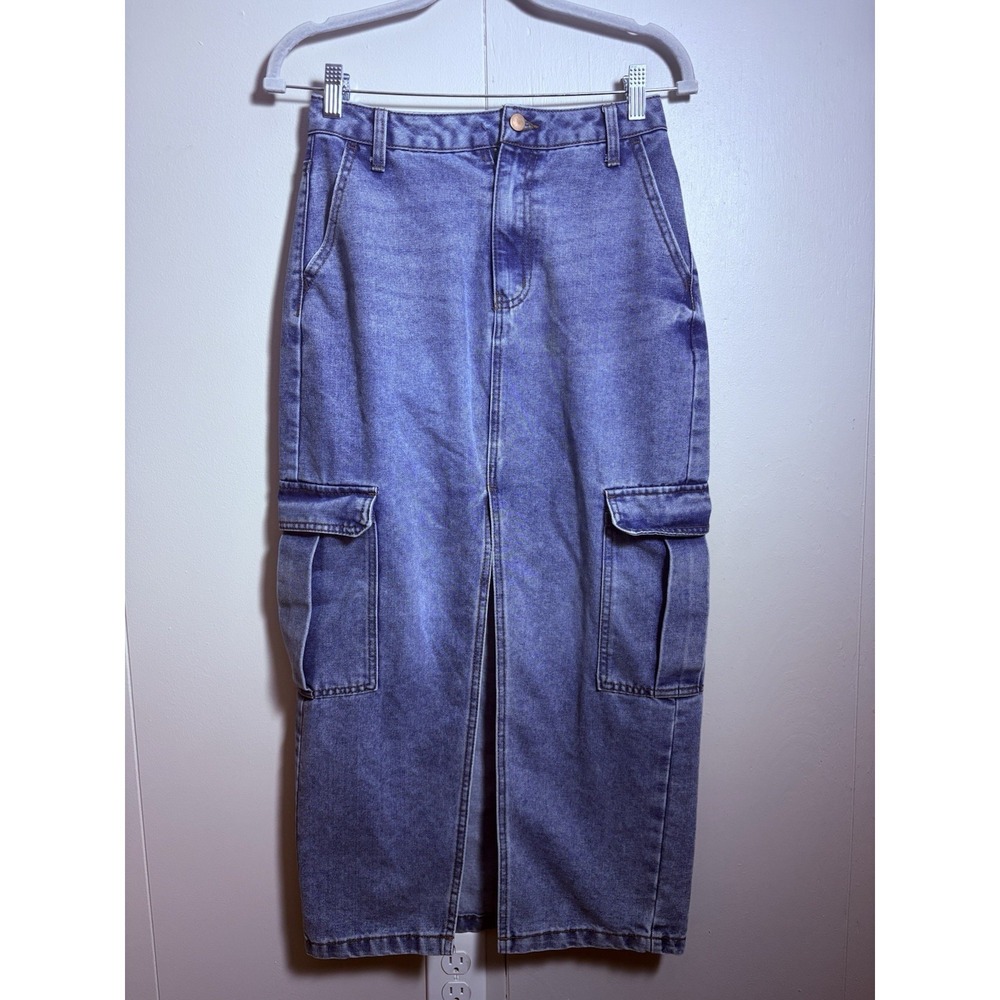 Love Fire Denim Midi Skirt Womens 3 Cargo Pockets‎ Blue Jean Skirt Slit Y2K